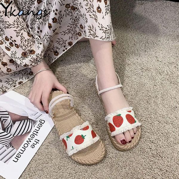 

summer fruit print women sandals korean style flat-bottomed quick-drying lady beach slippers leisure non-slip home, Black