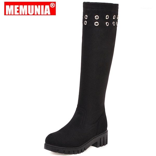 

boots memunia 2021 knee high women slip on nubuck pu leather square heel autumn winter plus size female booties1, Black