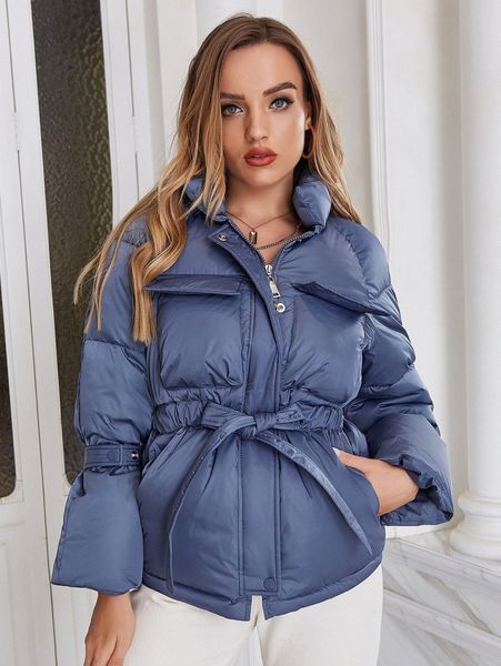

ziai flap pocket raglan sleeve belted zipper puffer coat e5bh#, Black