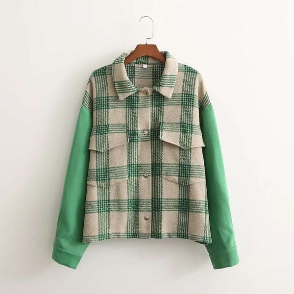 

color matching plaid personalized tweed coat women's autumn loose and thin long sleeve lapel cardigan top, Black;brown