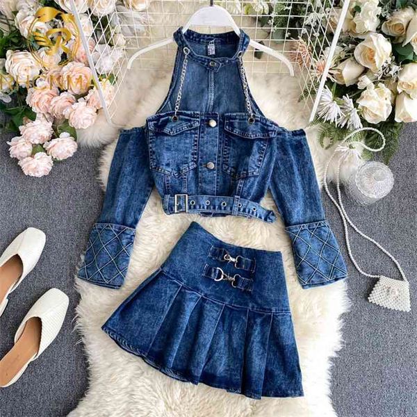 

summer vintage long sleeve strapless chain halter hollow out denim short mini skirt two piece set women 210520, White