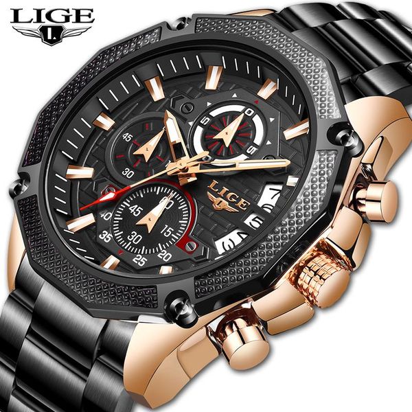 

wristwatches lige men watches stainless steel date chronograph male quartz watch mens casual sport waterproof 2021, Slivery;brown