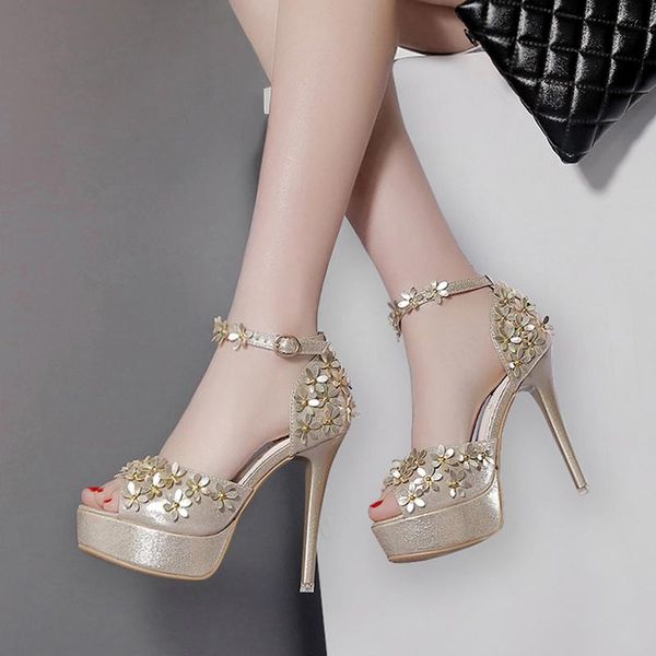 

summer style 12cm button flower stiletto high-heeled fish mouth shoes waterproof platform women sandals slippers, Black