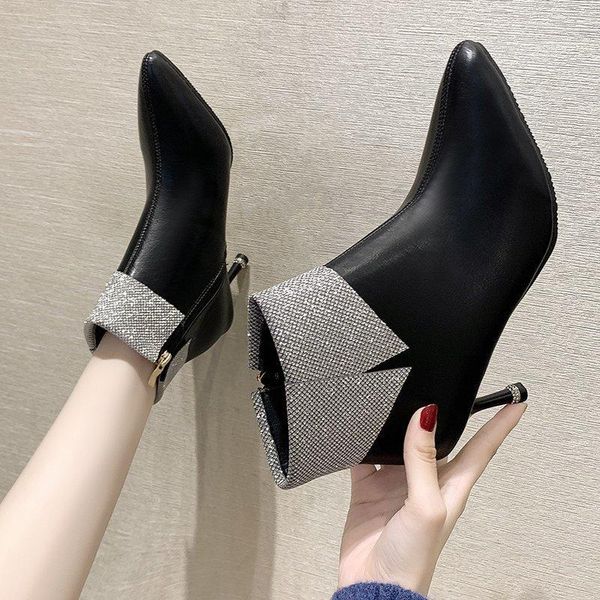 

boots women's 2021 autumn and winter black plus velvet pointed high heel rhinestone women