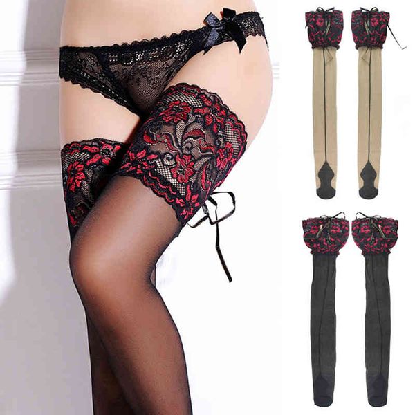 

women fishnet stockings heel back seam ladies wide lace flower silicone bandage thigh high, Black