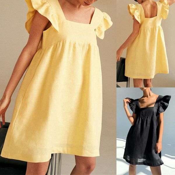 

women's swimwear weirdo 2021 casual square collar sleeve mini sweet dress summer woman backless high waist loose linen solid drop, White;black