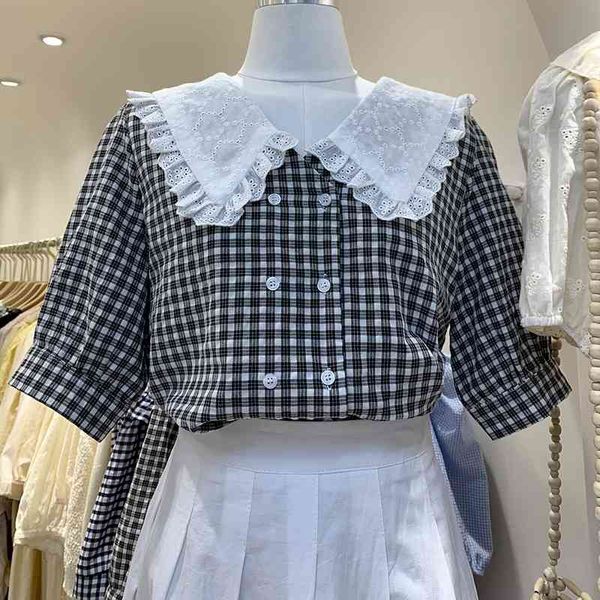 

sweet peter pan collar plaid shirt woman blouses elegant lace edge camisas mujer fashion short sleeve women summer 210514, White