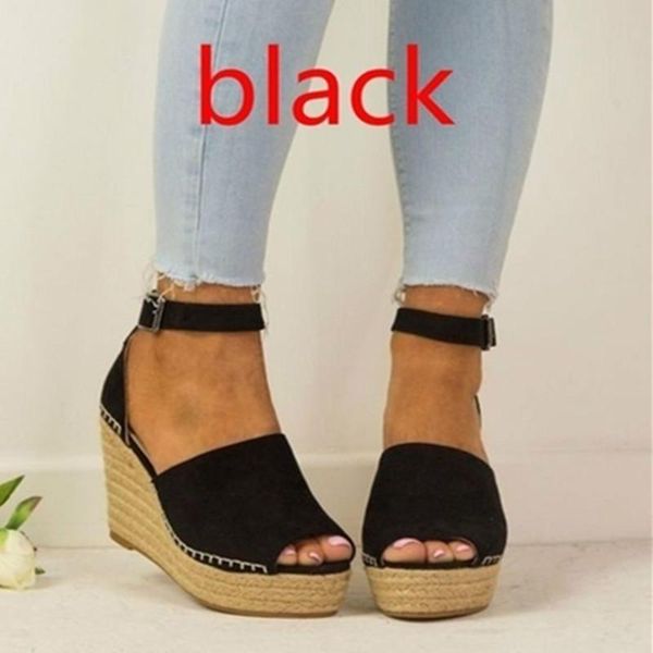 

wedges ankle strap gladiator sandals women cover heel rome fashion buckle big size summer bohemian shoes, Black