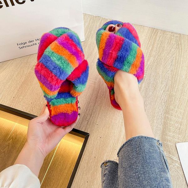 

slippers winter women home cotton hairy warm flat shoes mixed colors cross flip flop cozy floor slides ladies soft plush slipper, Black