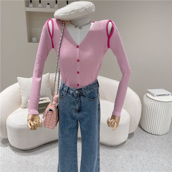 

coat spring summer 2021 niche fashion design stitch low-knit neckline use holes in with long-sleeve cardigan sweater, Tan;black