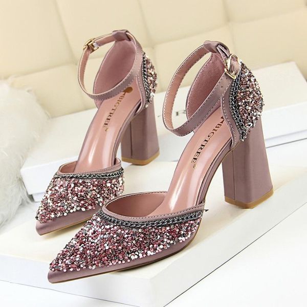 

dress shoes women pumps classics pring autumn silk satin water drill metal chain hollowed-out high heels shallow-mouthed pointed sandals, Black