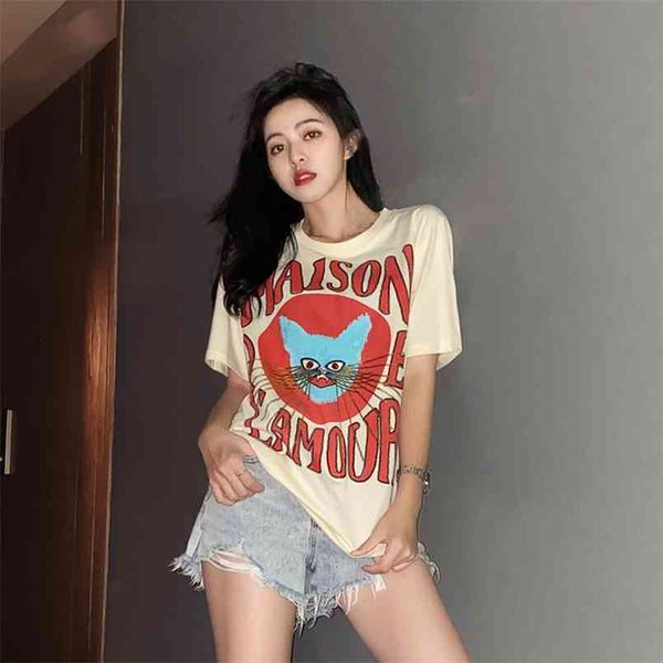 

women summer fashion korea style round neck short sleeve letter cartoon printed oversized easy match office lady casual t-shirts 210708, White