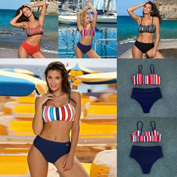 

summer bikini set stripe two piece swimsuit high waist bathing suit women shoulder strap brazilian beachwear one-piece suits