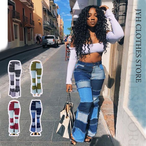 

women's pants & capris color block high waist flare jeans with pockets streetwear trousers bell bottoms skinny patchwork denim boyfrien, Black;white