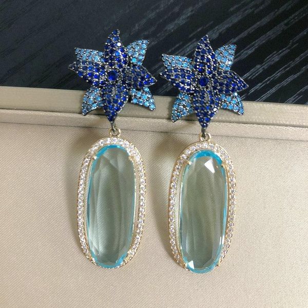 

hoop & huggie bilincolor blue cubic zirconia luxury flower dangling drop earring for women, Golden;silver