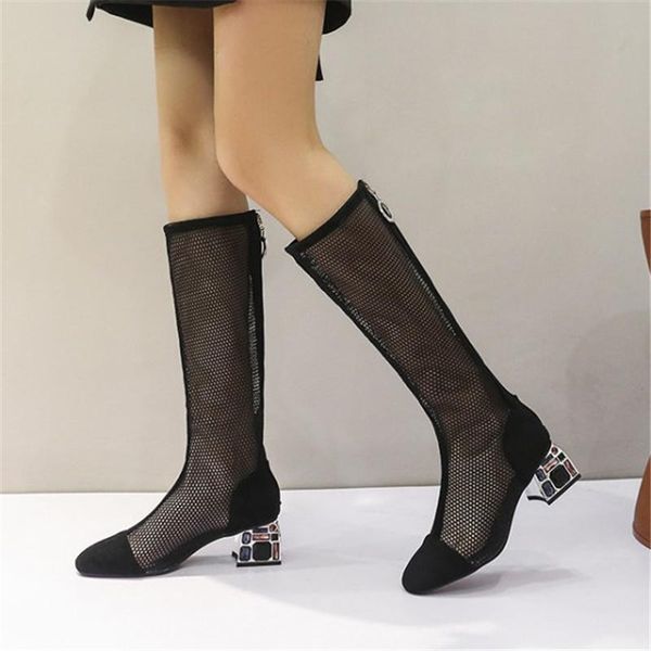 

boots pxelena rome rhinestone chunky square high heels gladiator sandals women summer mesh knee lady party shoes zip 34-43, Black