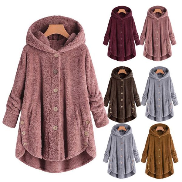 

warm coat leopard fluffy women winter button fur jacket reversible plush plus size outwear washed loose clothing, Black