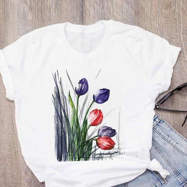 

graphic flower camisas mujer womens t shirts print short sleeve summer clothing tees female, White