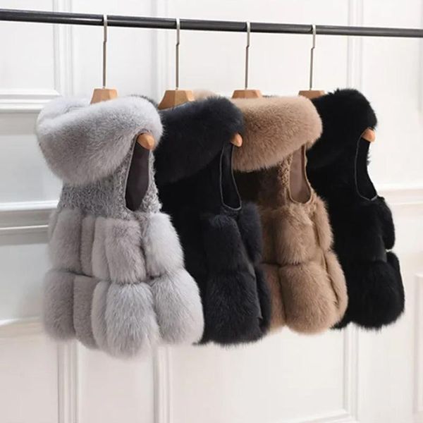 

women's fur & faux women winter real coat vest sleeveless short hooded elegant jacket spliced slim warm overcoat 2021, Black