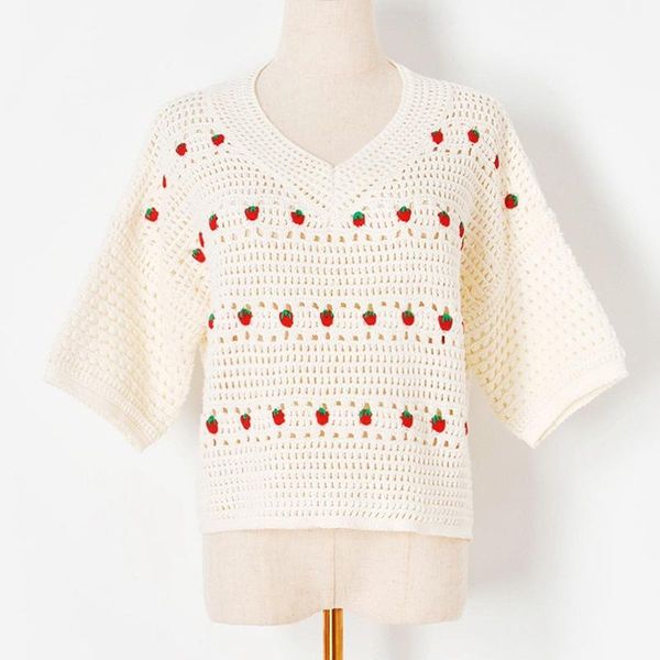 

women's t-shirt 2021 fashion summer t-shirts for women tees v-neck knit strawberry embroidery hollow out t shirts casual harajuku kore, White