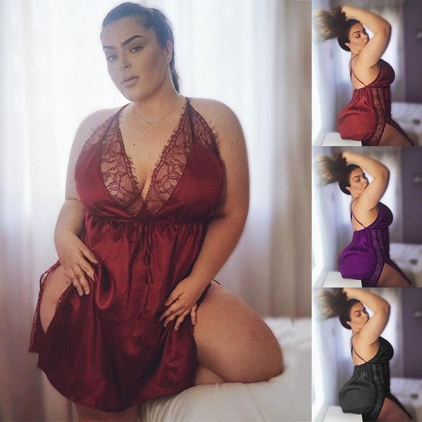 

flare sleeve fashion women sleepwear womens sleeveless v neck backless hollow lace lingerie nightdress l 5xl, Black;red