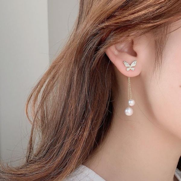 

stud luxury fashion pearl dangle drop korean earrings for women big butterfly gold earring 2021 party jewelry gift, Golden;silver