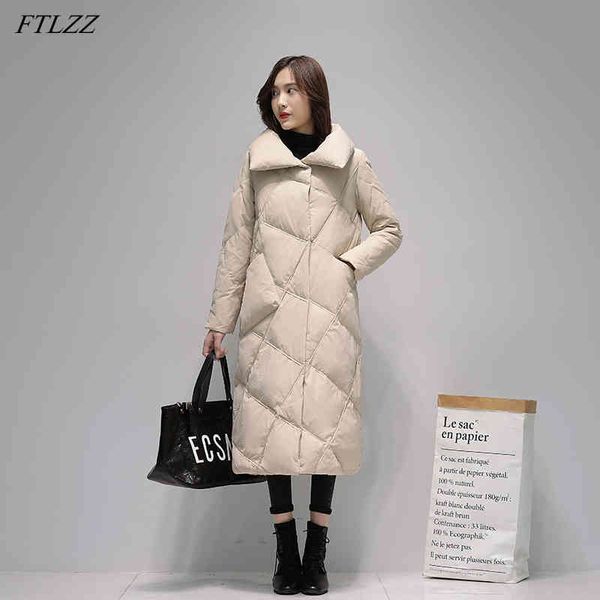 Kış Kadın Casual Gevşek Tek Göğüslü Uzun Ceket Zarif Turn-down Yaka Kalın Sıcak Pamuk Kar Coat 210423