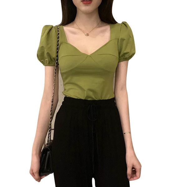 

women's t-shirt 2021 spring girls solid slim crop v-neck puff sleeve shirt women, White