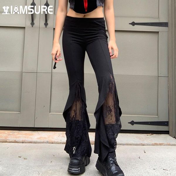 

women's pants & capris iamsure hollow out lace ruffles flare dark slim high waisted trousers gothic solid wide leg 2021 elegant, Black;white