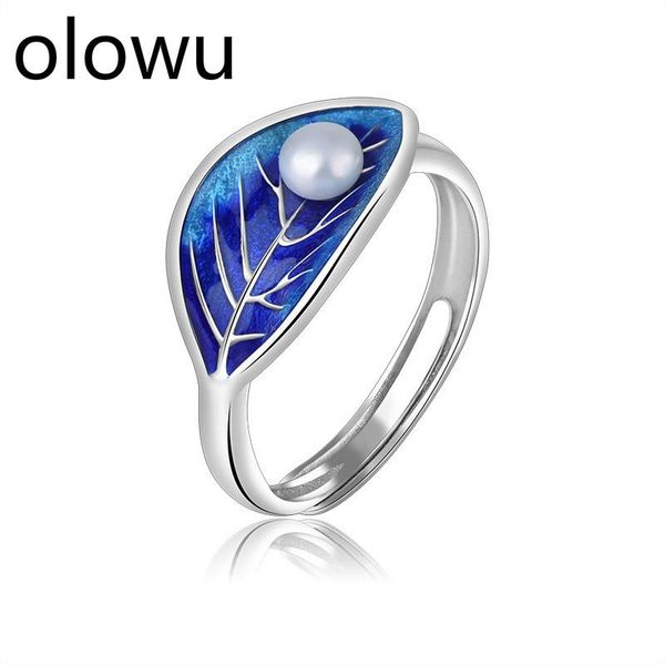 

wedding rings olowu arrivals charm silver cloisonne blue enamel leaf ring natural freshwater pearl adjustable anillos mujer, Slivery;golden