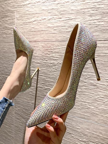 

dress shoes 2021 female korean version of the net red wild pure color rhinestones fashion casual bridesmaid pointed high heels stiletto., Black