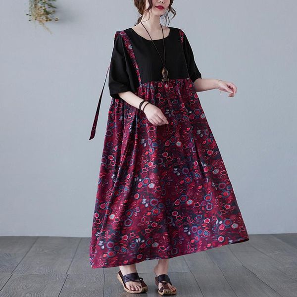 

plus size dresses big summer women vintage elegant print spliced ladies female large long false two piece loose casual strap dress, Black