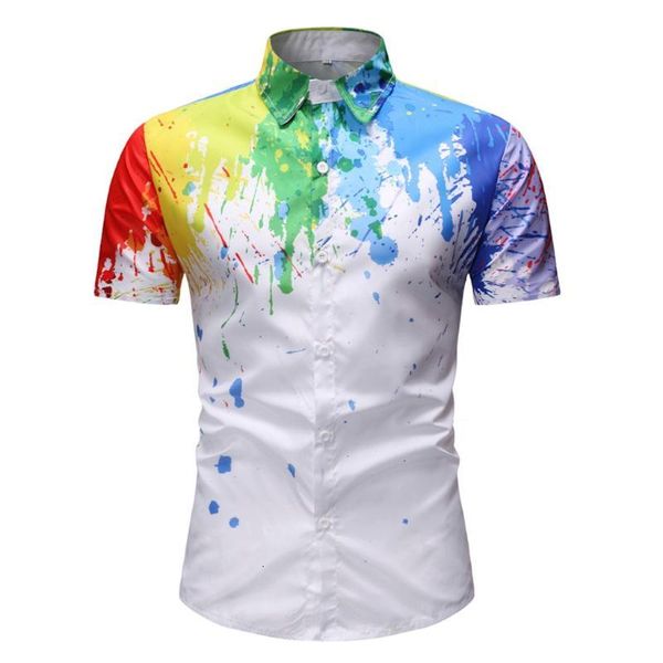 

men fashion casual splash-ink print shirt short sleeve slim fit black male dress shirts turn-down collar, White;black