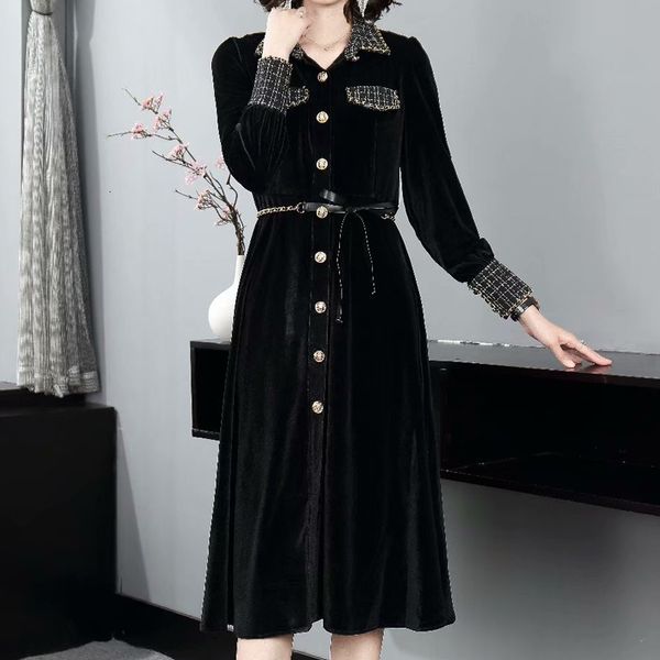 

autumn single-pocket wool style thin adjustment medium-length black velvet long-sleeve short tempers quality dress, Black;gray