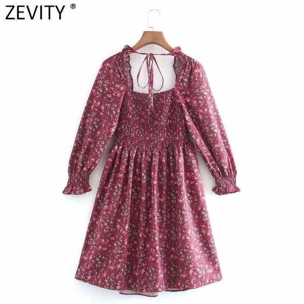

zevity women vintage elastic square collar floral print casual slim mini dress ladies chic backless ruffles vestido ds4669 210603, Black;gray