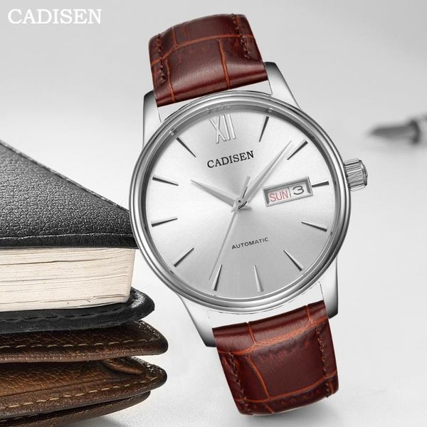 

wristwatches cadisen men mechanical watches luxury day date sapphire automatic watch 50m waterproof japan nh36 movement leather for, Slivery;brown