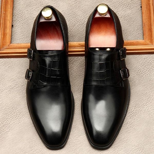 

dress shoes fashion pointed toe double straps man office genuine leather formal oxfords handsome men's monk strap flats mde162, Black