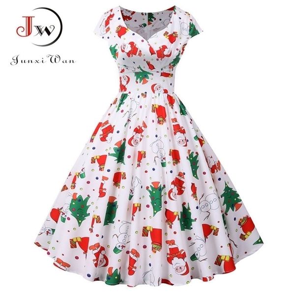 White Print Vintage Christmas Dres Winter Big Swing Elegante manica corta con scollo a V Sexy Year Party Plus Size Sundress 220311