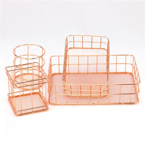 

rose gold iron art nordic makeup organizer basket eyeliner brush set storage cup dressing table cosmetic box boxes & bins