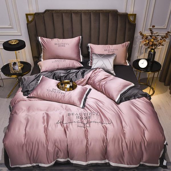 

luxury bedding set silky duvet cover with flat sheet 3/4pcs solid color tencel pink bed embroidery  king sets