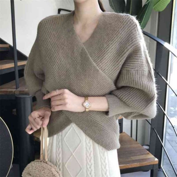 Spessore caldo coreano croce con scollo a V maglieria maglione pullover donna autunno inverno tirare allentato signore casuali eleganti top jumper 210514