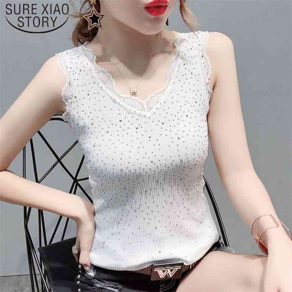 

casual v neck sleeveless clothes korean women's summer tanks fashion lace patchwork black white clothing 8632 50 210506
