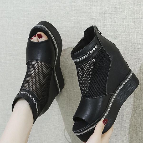 

punk chunky open toe peep black hollow women's shoes summer buckle zipper wedges platform cutout sandals women