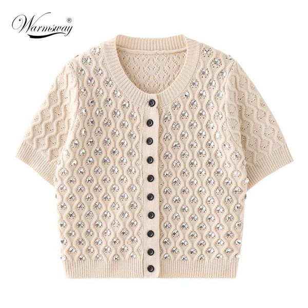 

women's t-shirt luxury diamond beading knitted cardigan women o-neck single breasted sweaters ladies summer casual female b-098, White