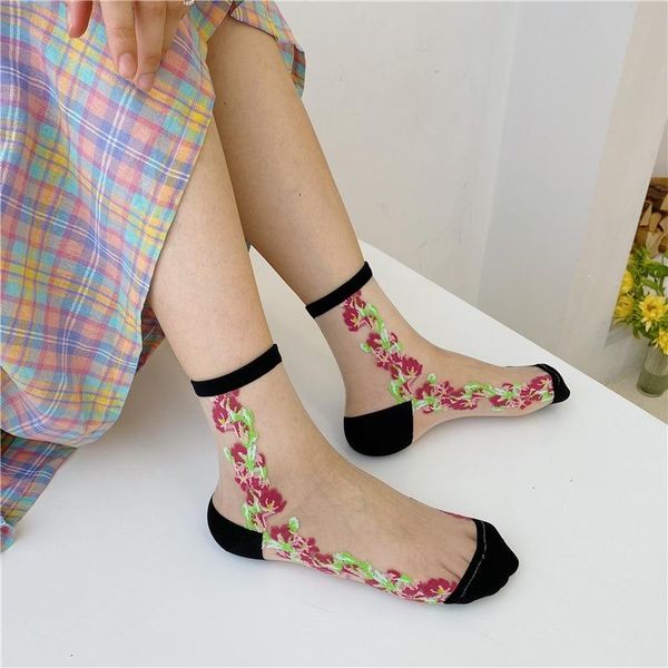 

socks & hosiery jeseca summer breathable ultra thin women floral print lace transparent short sock for woman harajuku streetwear sox, Black;white