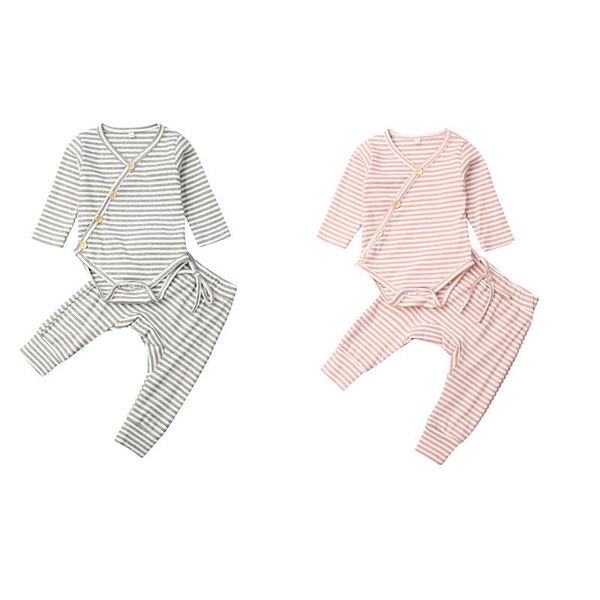 

clothing sets born baby boy girls striped clothes button bodysuit pants 2pcs set casual autumn cotton outfits 0-18m, White