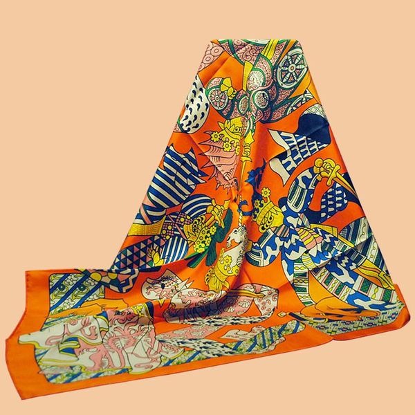 

huajun 2 store|| classic orange "duels oniriques" 90 silk square scarf twill inkjet handmade curling scarves, Blue;gray