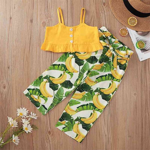 Bambini estivi Set cinturino casual monopetto giallo tinta unita stampa pantaloni a banana 2 pezzi ragazza vestiti per ragazzi 1-8 T 210629
