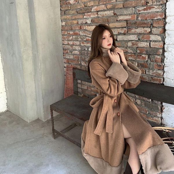

women's wool & blends jacket women coat woolen loose stitching autumn and winter veste manteau femme, Black