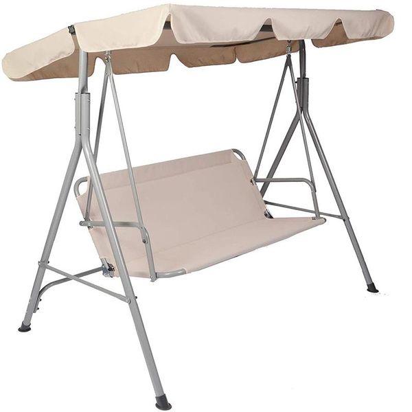 

camp furniture 3 person porch swing with stand and waterproof canopy all weather resistant bench, beige
